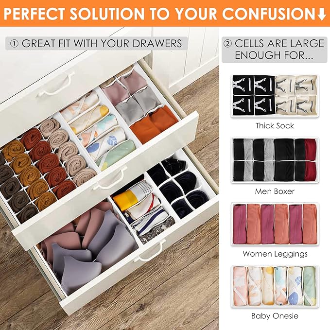6 Pack Sock Underwear Drawer Organizer Dividers, 58 Cell Foldable Fabric Dresser Closet Organizers and Storage Bins for Clothing, Baby Clothes, Bra, Panty, Scarf, Ties (White) - Image 3