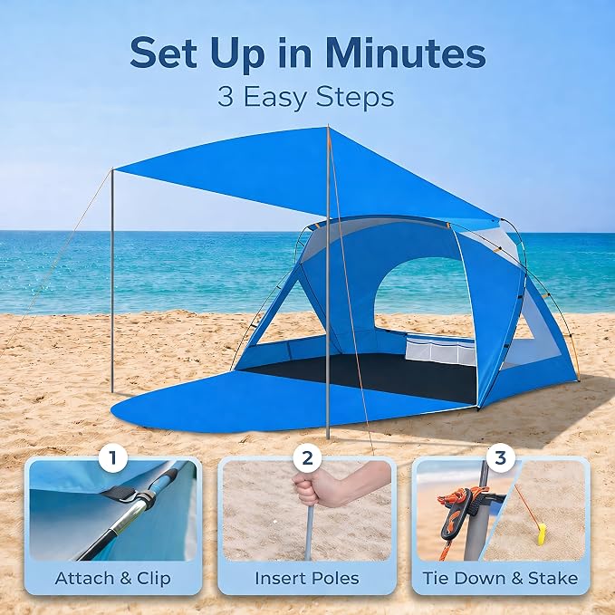 Beach Tent, Portable Sun Shelter for 2/3/4/6-8 Person with UPF 50+ UV Protection, Easy Setup Waterproof Beach Shade Canopy Cabana for Family Outdoor and Picnics, Fishing with Carrying Bag - Image 5
