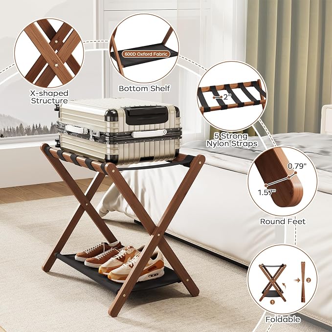 Fully Assembled Walnut Luggage Racks Set of 2, Bamboo 26.77" Luggage Rack Stand for Guest Room, 5 Nylon Straps, Foldable Suitcase Stand with Storage Shelf for Bedroom Hotel, Holds up to 165 Lbs - Image 7