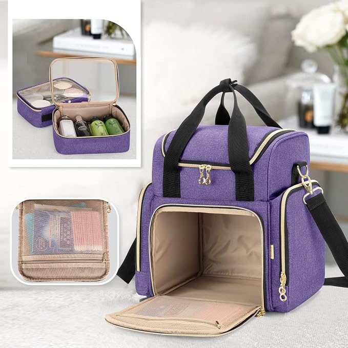 LUXJA Travel Makeup Bag with 2 Removable Makeup Cases, Purple | Large Cosmetic Bag with Multiple Storage Sections, 3 Detachable Dividers, Detachable Shoulder Strap, Trolley Sleeve - Image 3
