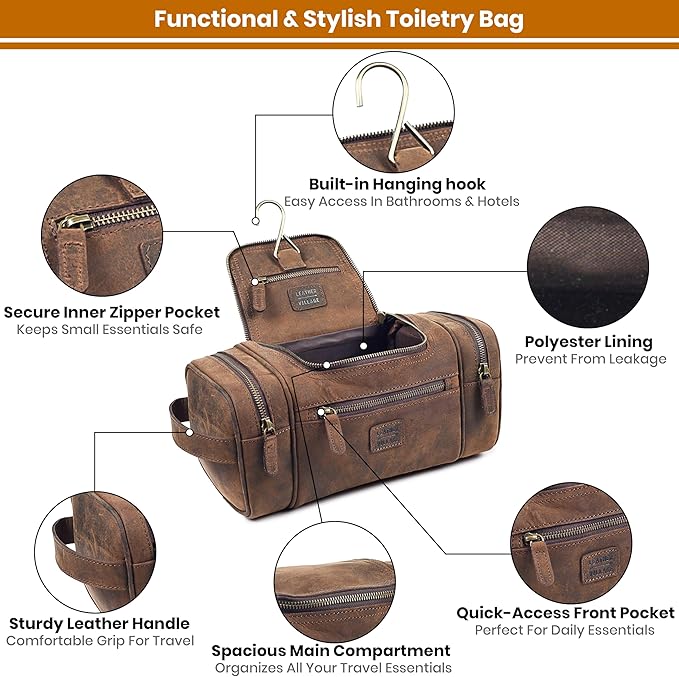 LEATHER VILLAGE Genuine Leather Travel Dopp Kit for Men & Women – Water-Resistant Large-Capacity Hanging Toiletry Bag for Travel, Grooming, Bathroom Organization, Shaving Essentials & Gym Use - Brown - Image 4