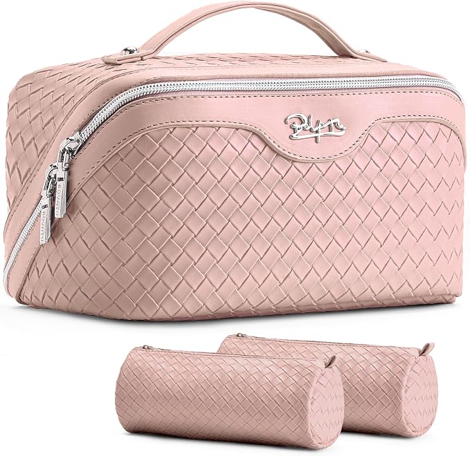 BOYATU Travel Makeup Bag Cosmetic Bags for Women: Large Capacity 3 Pcs Set Make up Bag with Compartments - Waterproof Vegan Leather Toiletry Organizer Bags with Handle (L04 Light Pink) by BOYATU