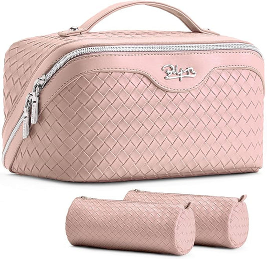 BOYATU Travel Makeup Bag Cosmetic Bags for Women: Large Capacity 3 Pcs Set Make up Bag with Compartments - Waterproof Vegan Leather Toiletry Organizer Bags with Handle (L04 Light Pink) by BOYATU