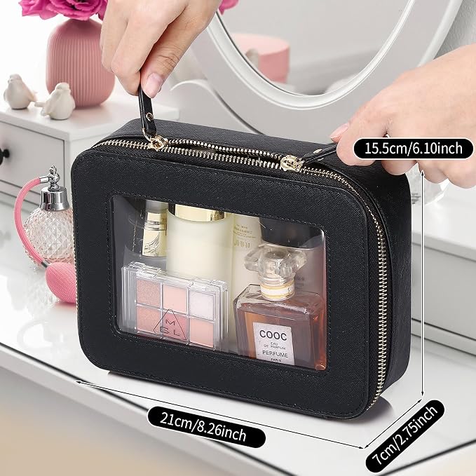 Clear Makeup Bag Women's Waterproof Travel Cosmetic Case and Toiletry Bag Portable Makeup Organizer Bag Car Essential with Zipper (Black, M) - Image 3