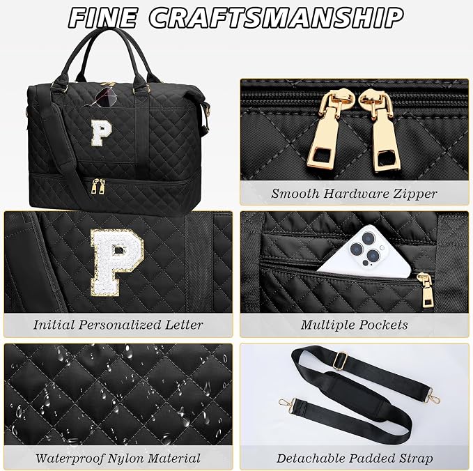 Gifts for Mom for Daughter Birthday Initial Travel Duffle Bag Quilted Weekender Bags Carry-On Overnight with Makeup Bag, Gym Bag with Shoe Compartment, Black P - Image 6