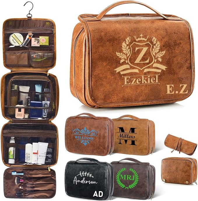 Personalized Toiletry Bag For Men, Large Capacity Travel Doop Kit, Vintage Color PU Leather, Custom Name Initials, Gifts for Dad, Husband, Boyfriend, Groomsmen, Birthday (Style 6) by BLEGGEITProfessionalHandmadeStudio
