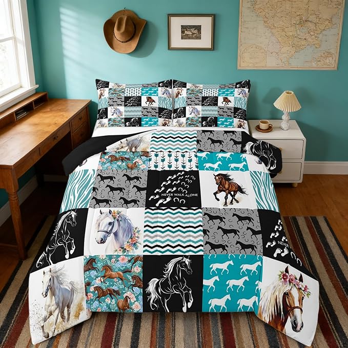 Kawaii Western Bedding,Cute Horse Queen Size Comforter Set For Teen Boys Girls,Rustic Farm Animal Bedding Set Cowboy Cowgirl Boho Comforter Arrow Rose Flower Horseshoe Quilt Set 2 Pillowcases Teal - Image 3
