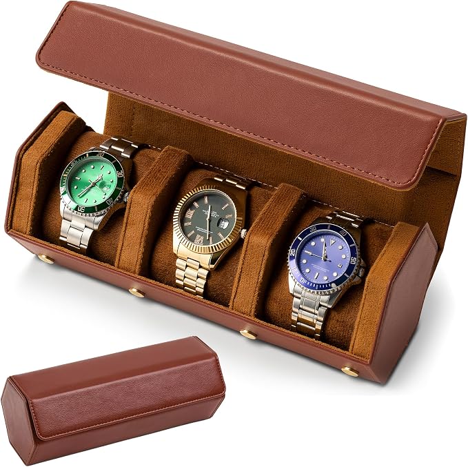 Luxury Hexagonal Leather Watch Roll for 3 Watches, Men's Gift | Multiple Watch Capacity,Premium Hexagon Leather,Velvet M-Shaped Cushions,Secure Snap Closure,Storage Organizer by Unknown