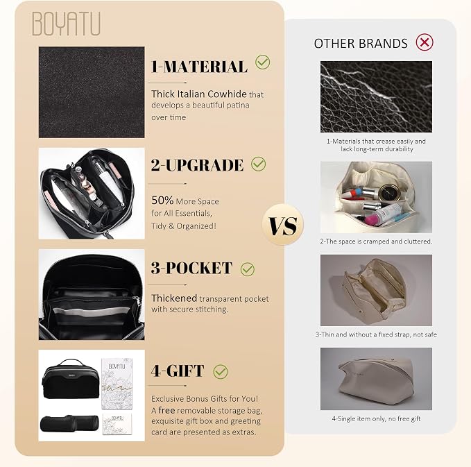 BOYATU Genuine Leather Travel Makeup Bag: Large Capacity 3 Pcs Set Cosmetic Bags for Women - Designer Waterproof Hand-made for Toiletry Organizer - Travel Essentials for Elegance (07Suede-Black) - Image 2