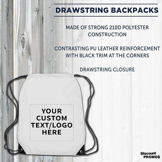 DISCOUNT PROMOS Custom Black Trim Drawstring Backpacks Set of 10/50/100, Personalized Bulk Pack - Gym Bag, Soccer Shoes, Water Resistant - White - Image 3