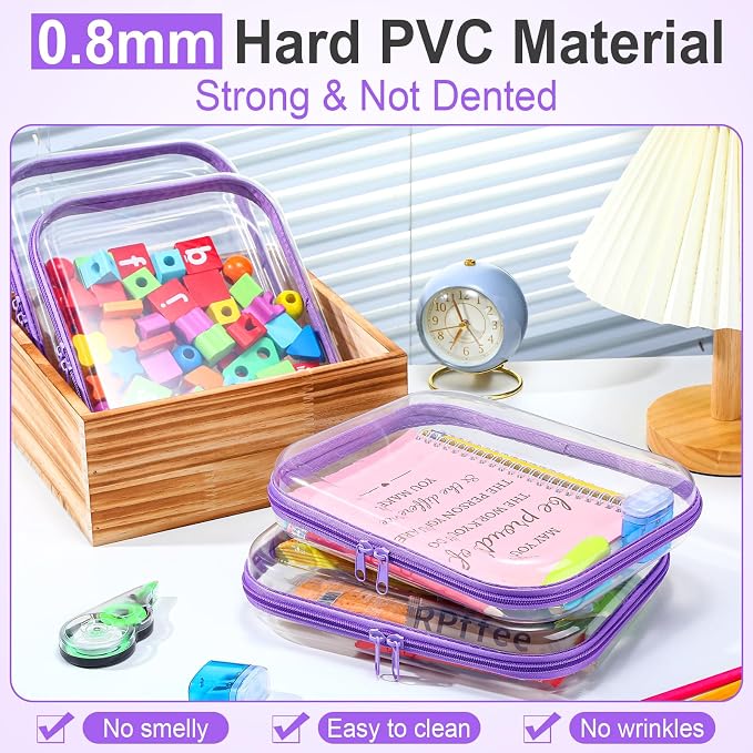 Sanwuta 6 Pcs Clear Hard Zipper Case Plastic Zipper Pouches Transparent Makeup Bag Pencil Case Pouches Toiletry Diaper Bag for Travel Toy Storage Organizer Bins(Purple,9.84 x 7.87 x 2 Inch) - Image 4