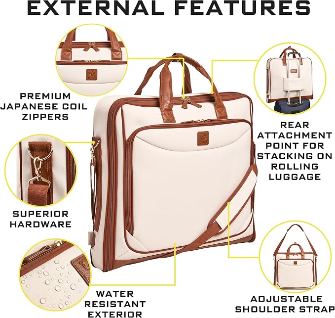 ZEGUR Premium Garment Bag Carry On for Women - Hangs Blazers, Pantsuits & More - Travel Bag with Shoulder Strap and Laptop Compartment (Beige with Saddle Brown Leather) - Image 7
