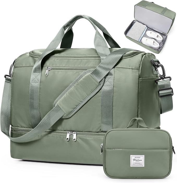 Travel Duffel Bag,Carry-On Overnight Weekender Bags with Shoes Compartment | Travel Bag with Wet Pocket & Toiletry Bag,For Spirit Airlines 18x14x8 Personal Item Bag,Small,Olive Green by SYCNB