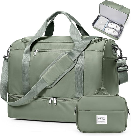 Travel Duffel Bag,Carry-On Overnight Weekender Bags with Shoes Compartment | Travel Bag with Wet Pocket & Toiletry Bag,For Spirit Airlines 18x14x8 Personal Item Bag,Small,Olive Green by SYCNB