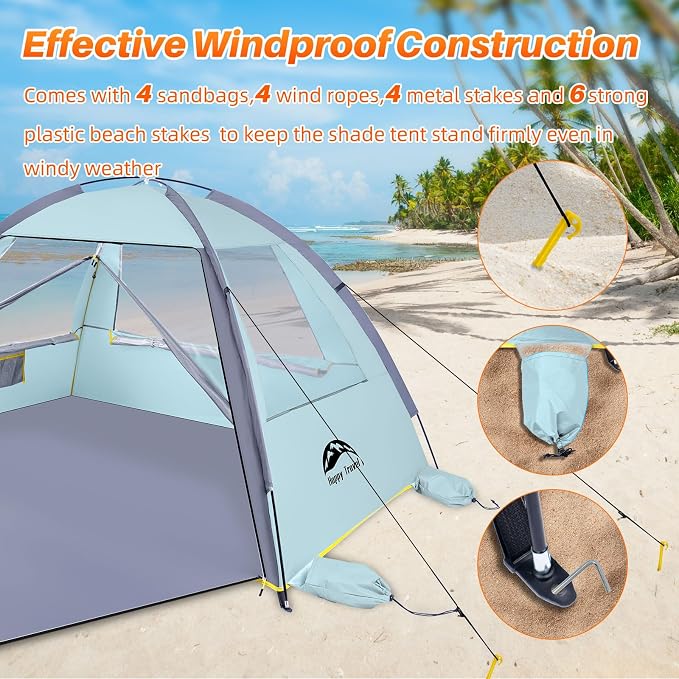 Happy Travel Beach Tent, UPF 50+ UV Protection Sun Shade Shelter for 3/4/5/6/7/8 Person, Portable Beach Canopy for Family & Baby, Lightweight & Easy Setup Beach Cabana with 3 Ventilation Mesh Windows - Image 6
