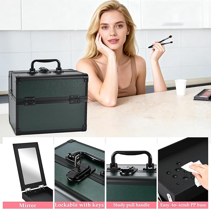 Makeup Train Case, Portable Makeup Case with Mirror, 2-Trays Cosmetic Organizer Case,Nail Polish Organizer, Travel Makeup Box, Profesional for Salon Barber, Green - Image 4