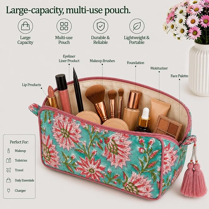 Travel Makeup Bag- Large Capacity Cosmetic Bags for Women - Water Resistance Lining Portable Pouch & Open Toiletry Bag - Perfect Girls Makeup Organizer for Travel Essentials (Green & Pink Floral) - Image 2