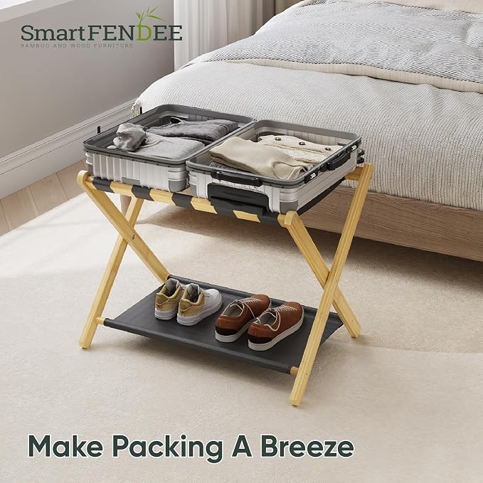 Smart FENDEE Luggage Rack, Folding Luggage Rack for Guest Room, Bamboo Suitcase Stand Holds up to 131 lb, Luggage Stand with Storage Shelf for Hotel, Bedroom (1 Pack) - Image 6