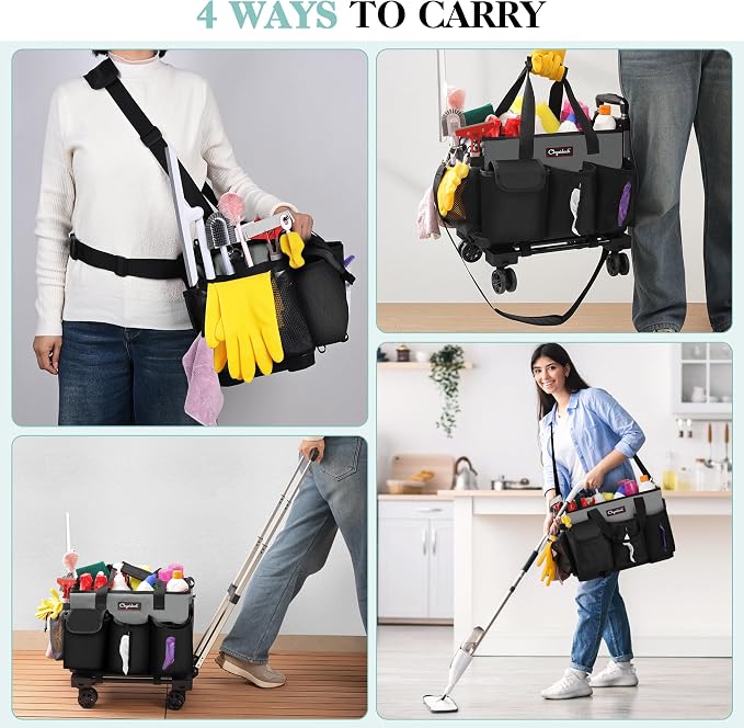 Chyaidach Rolling Cleaning Caddy, Cleaning Supplies Organizer with Trolley, Wearable Cleaning Tote Bag on Wheels with Hard Bottom, Cleaning Carts for Housekeepers/Home/Car/Office/Picnic (Grey) - Image 6