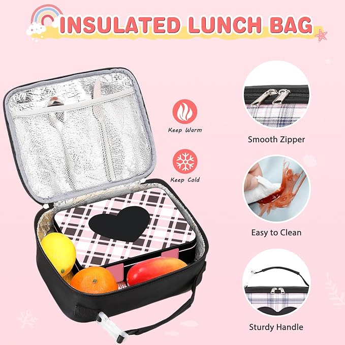 ACESAK Girls Backpack - Bento Box with Insulated Lunch Bag Pencil Case & Utensils Set for Kids, 6 Leakproof Compartments Removable Tray Lunches or Snack Container for School (Black) - Image 6