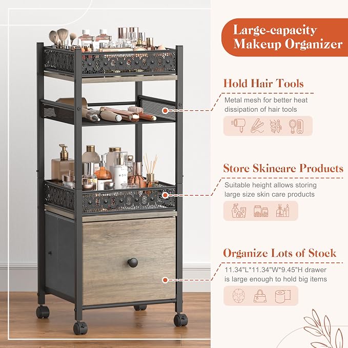 Makeup Organizer, Large Skincare Organizers, Make Up Organizers for Vanity, Makeup Storage Cosmetic Organizer with Drawer, Bathroom Vanity Organizer Makeup Holder Cart for Skin Care Hair Tool Beauty - Image 3