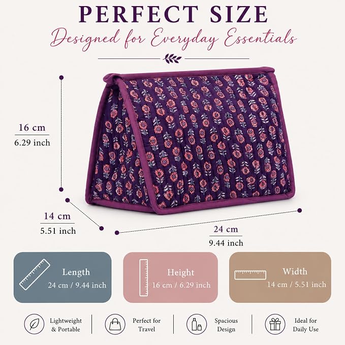 Quilted Makeup Bag- Large Capacity Cosmetic Bags for Women - Water Resistance Lining Portable Pouch & Open Toiletry Bag - Perfect Girls Makeup Organizer for Travel Essentials (Purple & Orange Floral) - Image 3