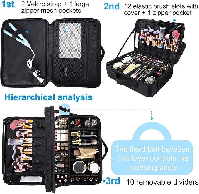 Travel Makeup Train Case,Large Capacity Cosmetic Bags for Women,Portable Makeup Bag Organizer with Adjustable Dividers & Shoulder Strap (Black, L) - Image 3