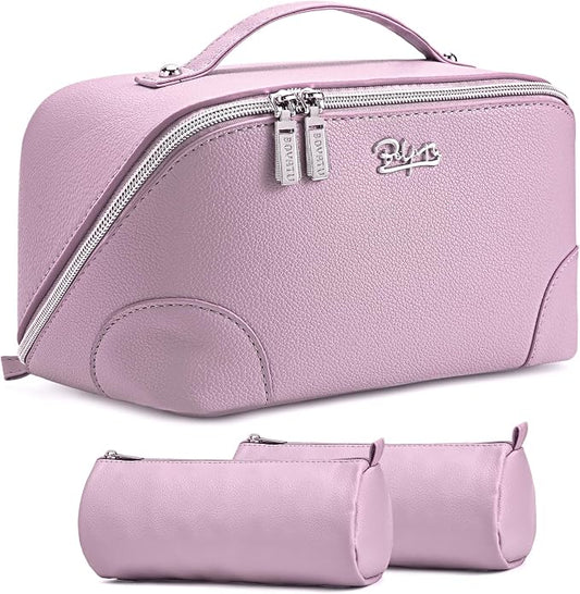 BOYATU Travel Makeup Bag Cosmetic Bags for Women: 3 Pcs Set Large Capacity Make up Bag with Handle - Waterproof Vegan Leather Toiletry Bags Travel Essentials with Compartments(C-4-Purple) by BOYATU
