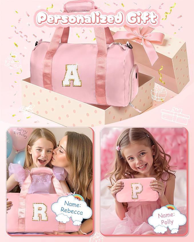 Birthday Gifts for Granddaughter-Girl Gym Bag with Shoe Compartment, Kid Personalized Weekender Overnight Bags, Initial Travel Tote with Makeup Pouch Valentine's Day Gift for Kids (Letter I) - Image 2