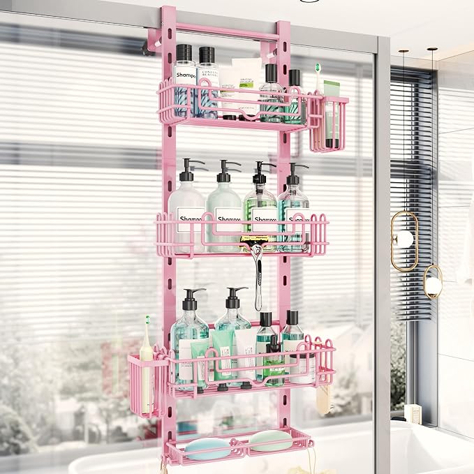 HapiRm Hanging Shower Caddy Organizer - Shower Shelf with 22 Hooks and 2 Toothbrush Holders, No Drilling Adjustable Hanging Bathroom Organizer - Pink by HapiRm