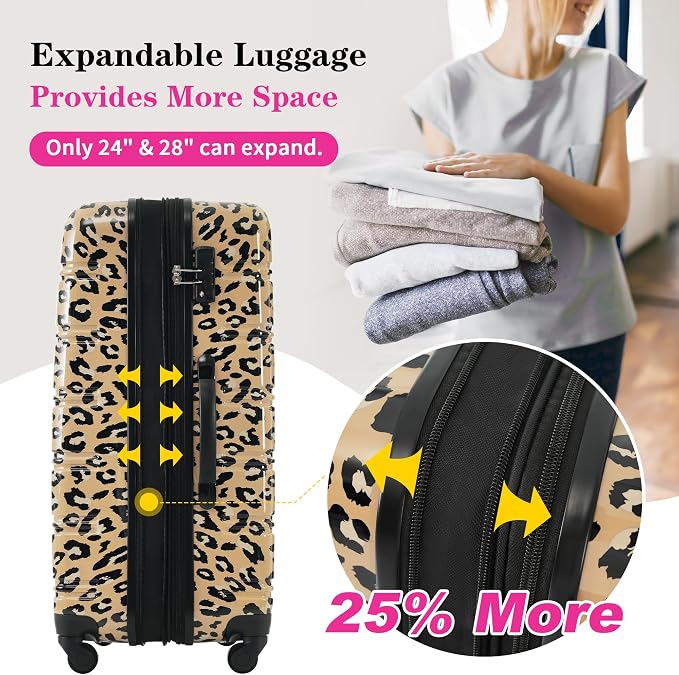 Merax Suitcase Set, Hardshell Luggage Sets 3 Piece with Spinner Wheels | Expandable Durable Suitcase with TSA Lock Lightweight 20" 24" 28", Brown Leopard - Image 3