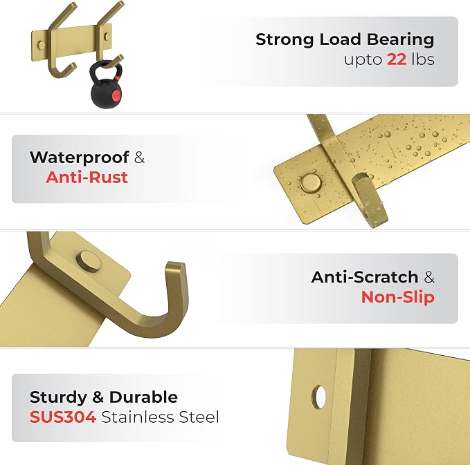Brushed Gold Small Coat Rack Wall Mount – 6 Inch Stainless Steel Rail with 2 Double Coat Hooks for Entryway, Bathroom, Bedroom, Kitchen – Modern Gold Hook Rack for Coats, Hats, Towels - 2 Pack - Image 3