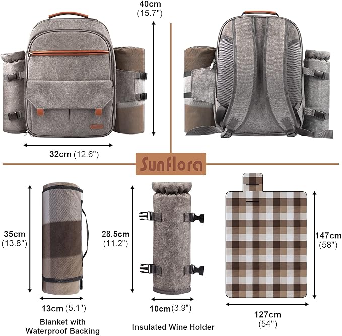 Sunflora Insulated Picnic Backpack for 2 Person Bag with Cooler Compartment, Blanket and Stainless Steel Cutlery Set for Couple, Lovers and Friends (Brush Beige) - Image 3