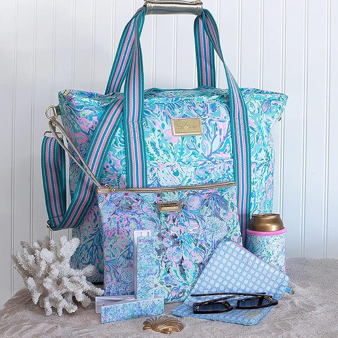 Lilly Pulitzer Water Resistant Vinyl Beach Day Pouch, Zipper Bag Includes Drink Hugger, Small Pouch, and Towel Clips - Image 6