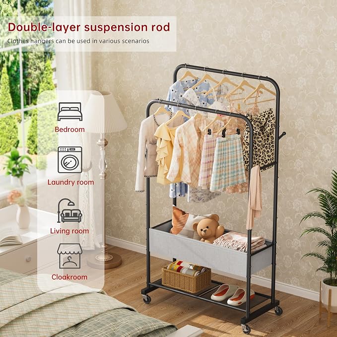 SINGAYE Wardrobe Standing Closet Clothing Rack With Shelf Hanging Clothes | Wardrobe Open Compact Small Metal Garment Hanger Stand Alone Free Standing Black Closet Rack Storage Organizer Heavy Duty - Image 8