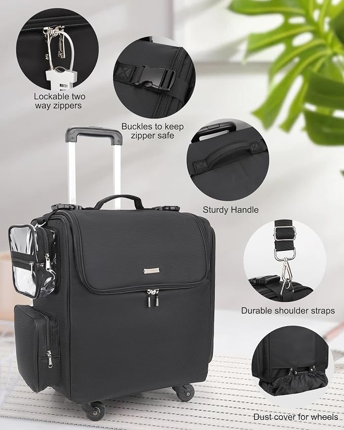 Relavel Rolling Makeup Train Case, Professional Hairstylist Traveling Bag with 4 Wheels & 2 Pouches, Adjustable Dividers, Heat Insulation Full Layer, Portable Cosmetics Storage Organizer Suitcase - Image 6