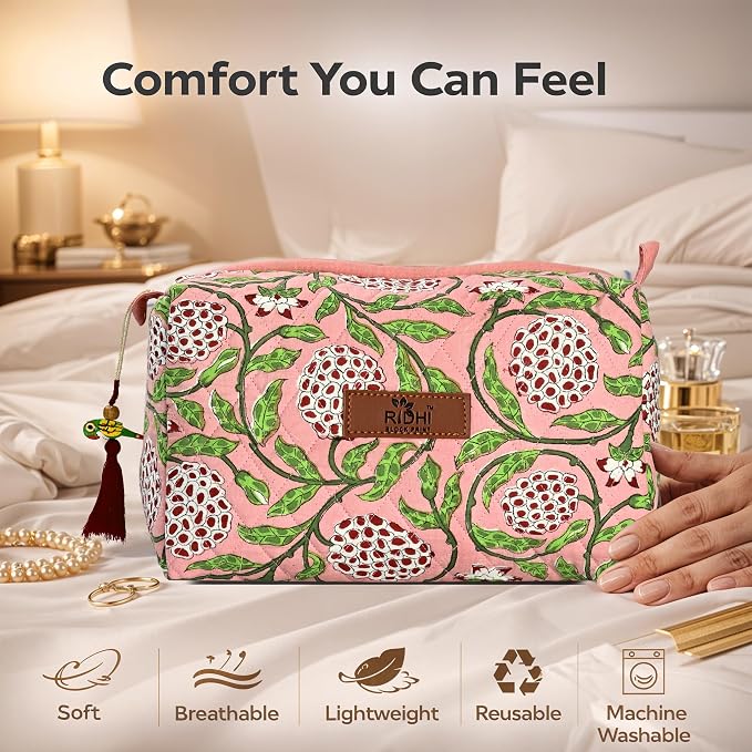 Ridhi Strawberry Pink Hand Block Printed Floral Toiletry Bag For Women 100% Cotton Quilted Set of 3 Waterproof Inner Lining, Cosmetic Jewelry Organizer, Travel Pouch, Essential Storage Purse Gifts - Image 8