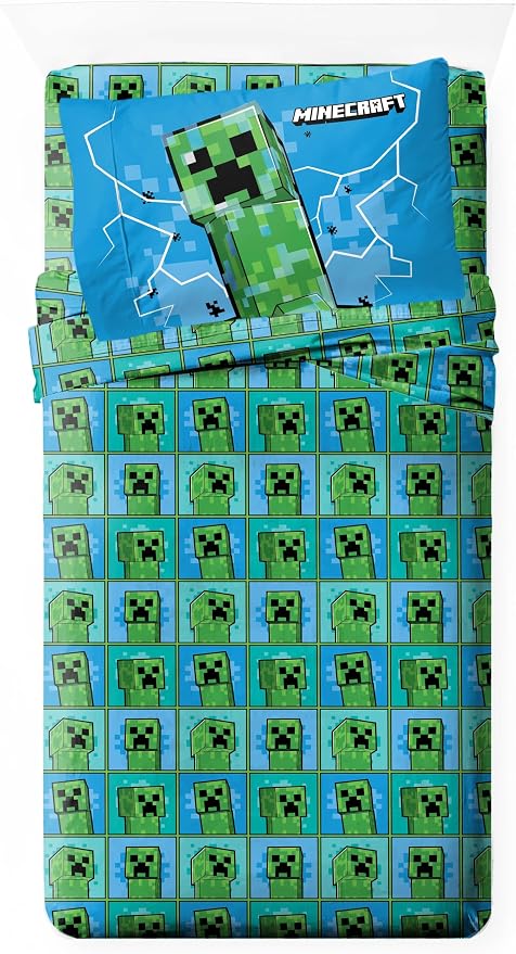 Jay Franco Kids Sheet Set with Fitted, Flat Sheets & Pillow Cover - Ultra-Soft Bedding with Pillowcase for Room Decor, Blue - Minecraft Creeper, 3 Piece Twin by JayFranco
