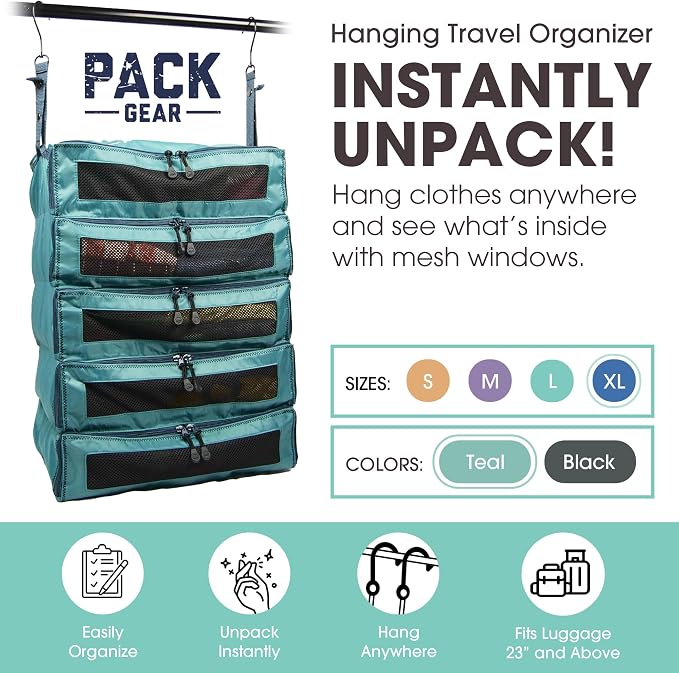 Pack Gear Hanging Suitcase Organizer - Our XL Hanging Luggage Organizer Perfectly Fits Any Suitcase - Our Packing Cubes for Travel Use Mesh Windows to Make Finding Any Outfit Easy (Green, XL) - Image 2