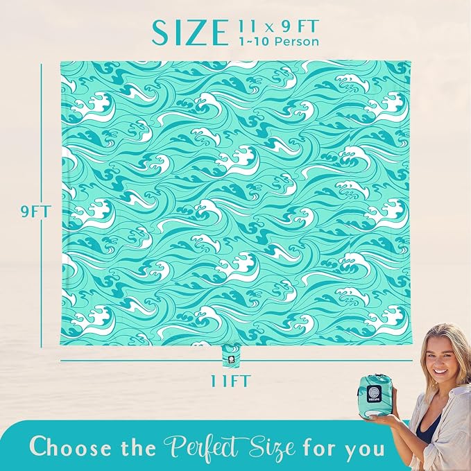 WEKAPO Beach Blanket Waterproof Sandproof Oversized Extra Large Sand Free Beach Mat with Stakes, Storage Bag - Essentials for Outdoor Beach, Picnic (Turquoise Ocean Waves, 11 X 9 FT (1~10 Person)) - Image 3