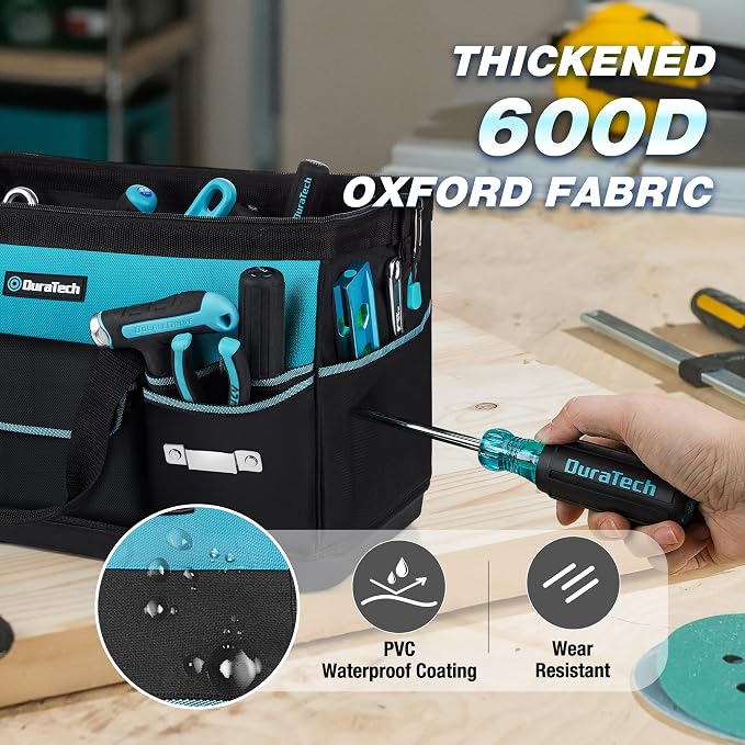 DURATECH 18" Large Tool Bag with Waterproof Hard Bottom, 19 Pockets | Heavy Duty Construction, Wide Open Mouth, Multiple Storage Pockets, Electricians Mechanics Plumbers HVAC Use - Image 4