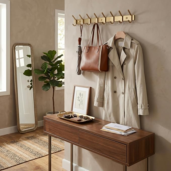 Brushed Gold Wall Mounted Coat Rack – 24 Inch Stainless Steel Rail with 8 Double Coat Hooks for Entryway, Bathroom, Bedroom, Kitchen – Modern Gold Hook Rack for Coats, Hats, Towels - Image 6