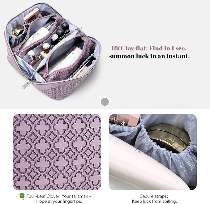 BOYATU Travel Makeup Bag for Women: Four Leaf Clover Large Capacity 3 Pcs Set Cosmetic Bags - Waterproof 50% Extra Space for Toiletry Organizer - Travel Essentials for Fortunate (02 Purple) - Image 7