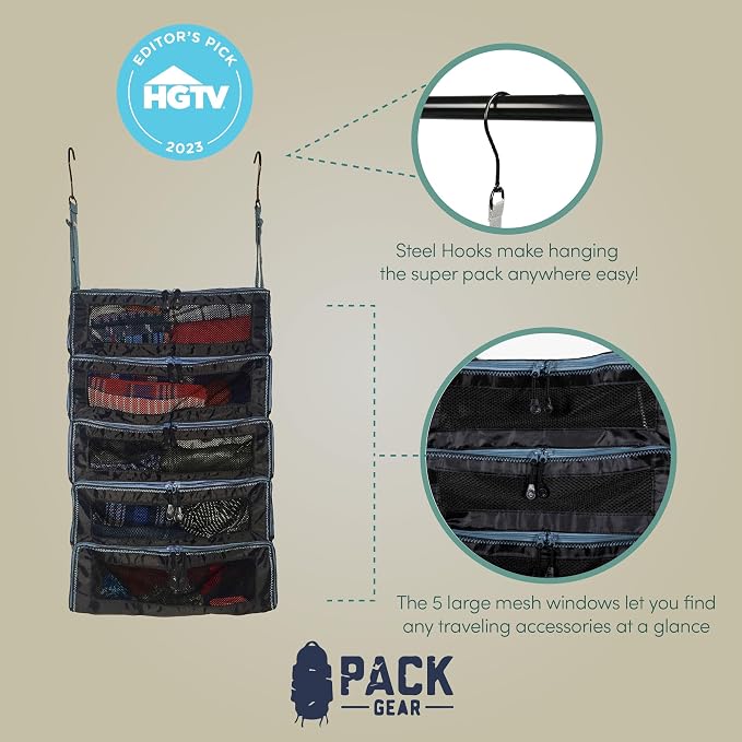 Pack Gear Hanging Suitcase Organizer - Our Large Hanging Luggage Organizer Fits Any Suitcase - Our Packing Cubes For Travel Uses Mesh Windows to Make it Easy to Find your Clothes (Black, L) - Image 8