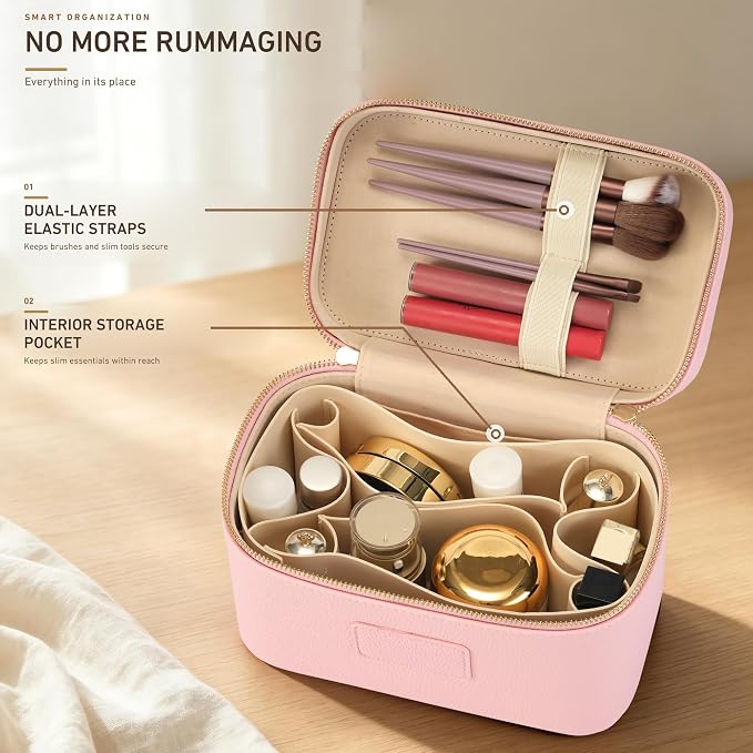 Makeup Bag Travel Toiletry Leather Cosmetic Case, Waterproof Makeup Organizer with Brush Holder, Wipe Clean Removable Divider Vanity Train Bag for Women, Pink - Image 4