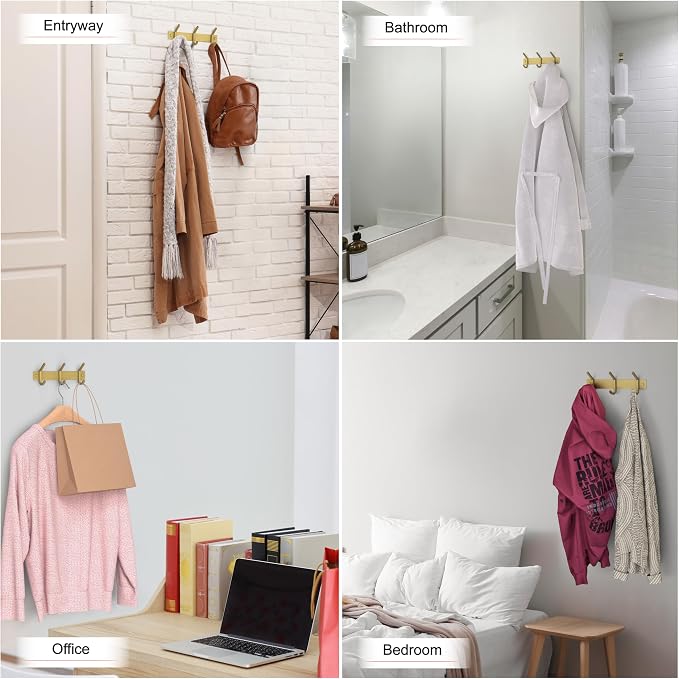 Brushed Gold Small Coat Rack Wall Mount – 9 Inch Stainless Steel Rail with 3 Double Coat Hooks for Entryway, Bathroom, Bedroom, Kitchen – Modern Gold Hook Rack for Coats, Hats, Towels - Image 6