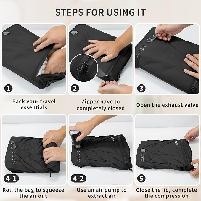 ONTYZZ Vacuum Bags for Travel, Professional Reusable Organizer Bag with IPX8 Waterproof Zipper, Durable Seal Space Saver and ShoseBags for Traveling Essentials, Black (5 Set With Pump) - Image 4