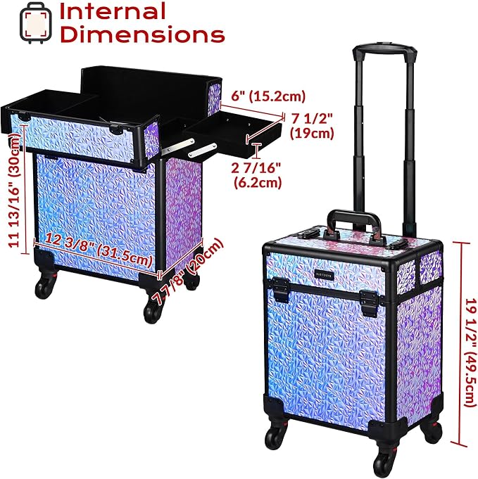 BYOOTIQUE Rolling Makeup Case Cosmetology case on wheels Makeup Artist Nail | Aluminum Rolling Makeup Suitcase with 360° Detachable Wheel Lockable 44Lb Large Capacity Organizer Nail Tech Mermaid Purple - Image 6