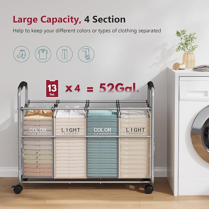 Tajsoon Laundry Sorter 4 Sections with Removable Bags, Beige & Grey | Laundry Separator Hamper with Heavy Duty Lockable Rolling Wheels, Laundry Divider for Dirty Clothes Storage - Image 4