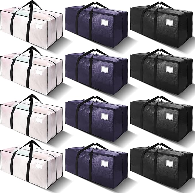 VELVETSURE 12 Pack Heavy Duty Large Moving Bags W/Backpack Straps - Strong Handles & Zippers, Storage Totes, Fold Flat, Alternative to Moving Box and Storage Bin, Semi-Transparent+Blue+Black by VELVETSURE